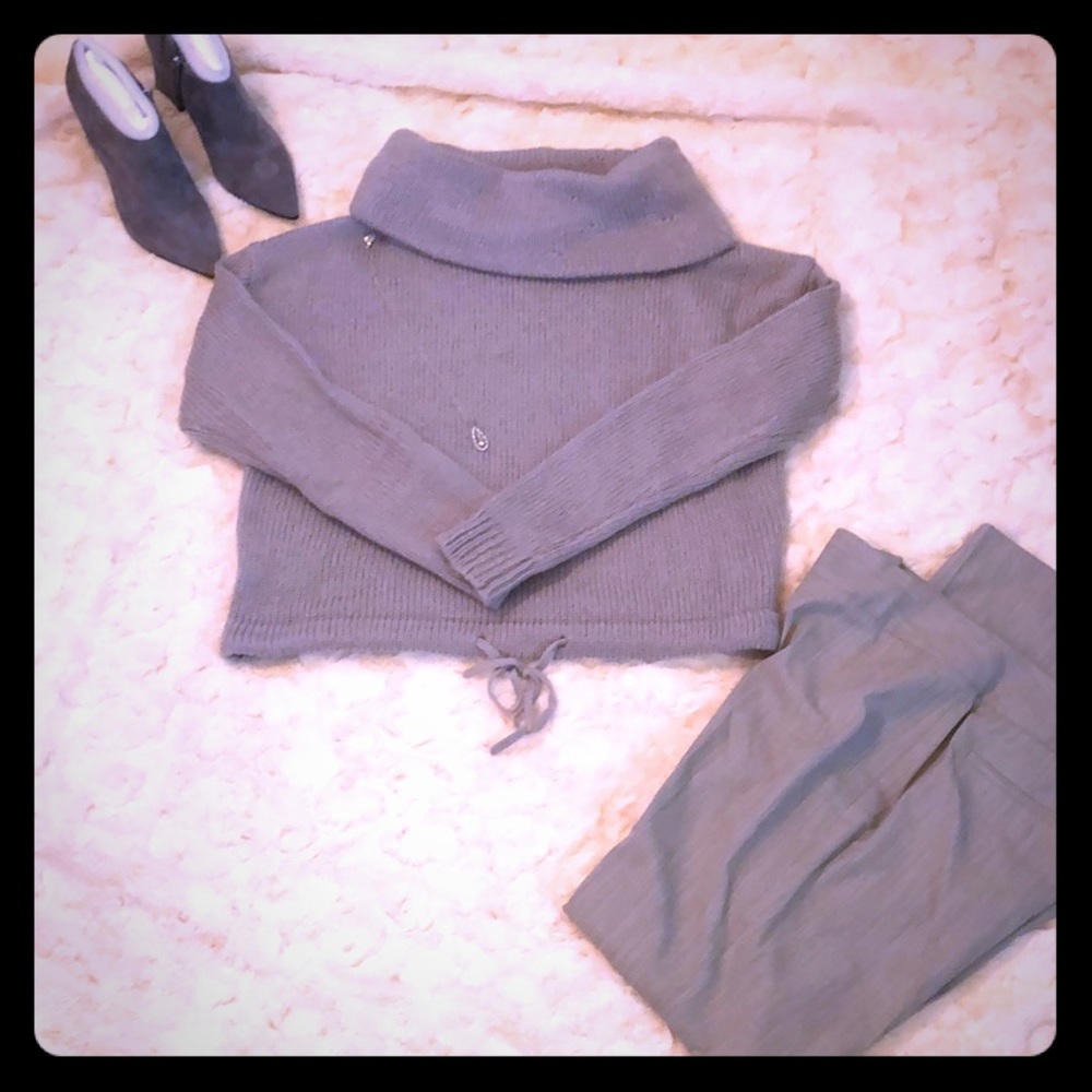Gray cowl neck drawstring sweater